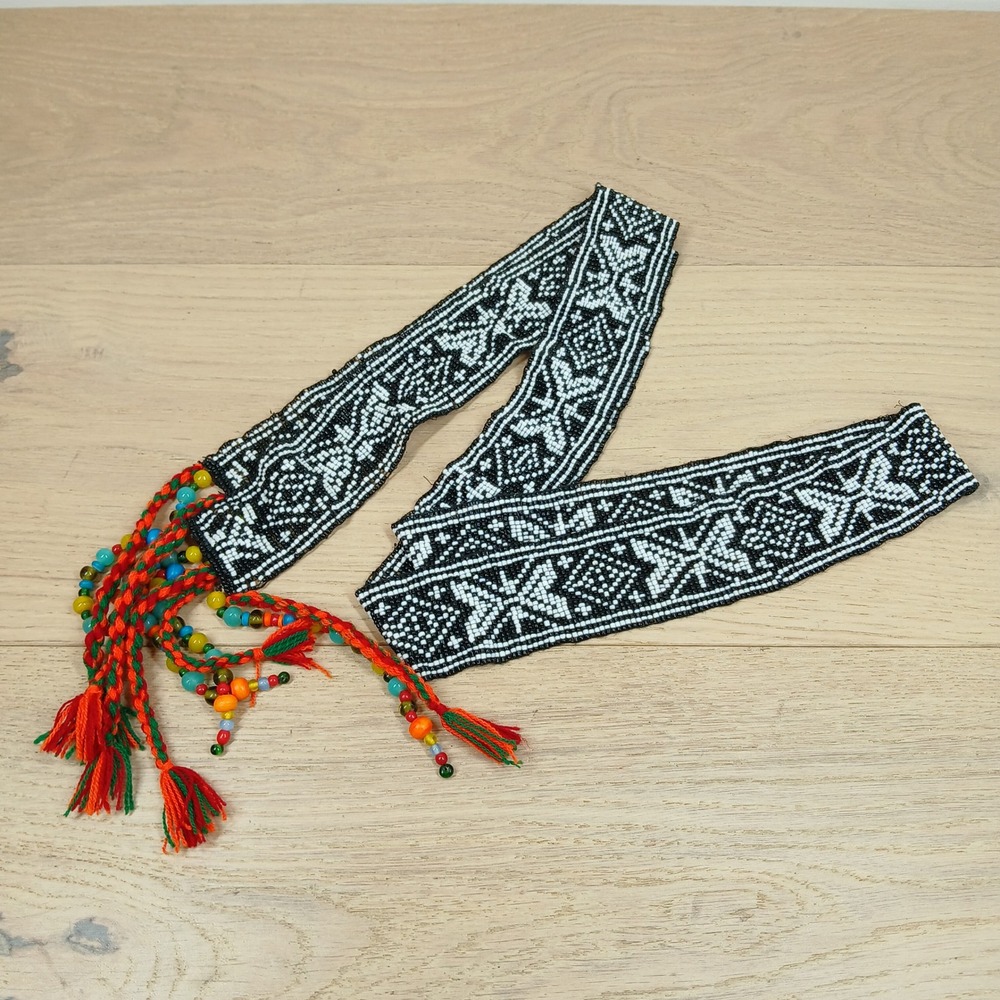 Beaded Sash Belt OS Black White Glass Bead Folk Art Tassels Bohemian Lagenlook